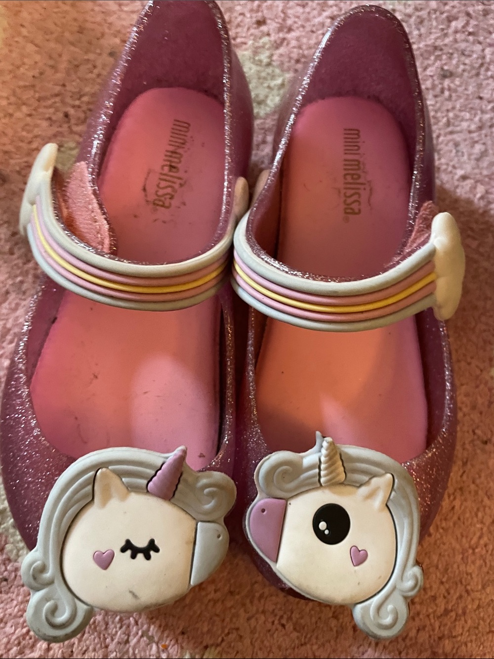 Mini Melissa Pink Glitter Unicorn Mary Janes with Rainbow Strap